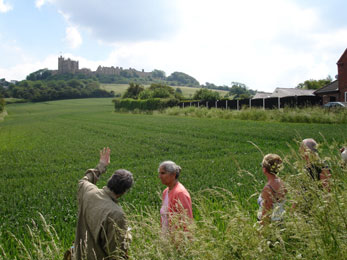 rupert clamp talking to walk participants pointing to bolsover castle in distance with green feild of unknown crops infront