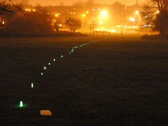 Image of a path of glow sticks in park with city lights glowing in background