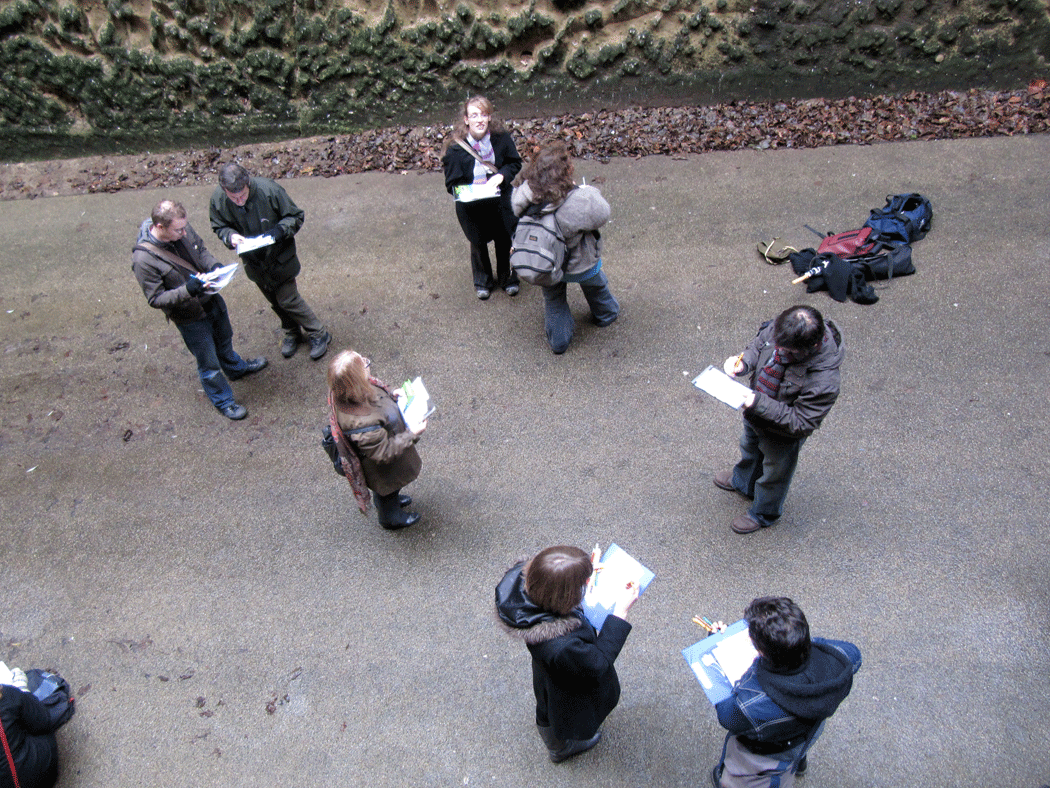 looking down on people from tunnel steps