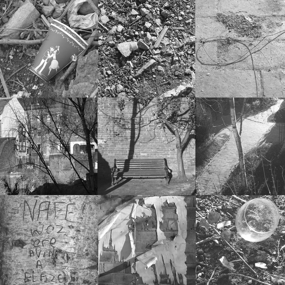 Black & White design of outside folded cover.  Featuring different objects/images taken of site before gallery was built